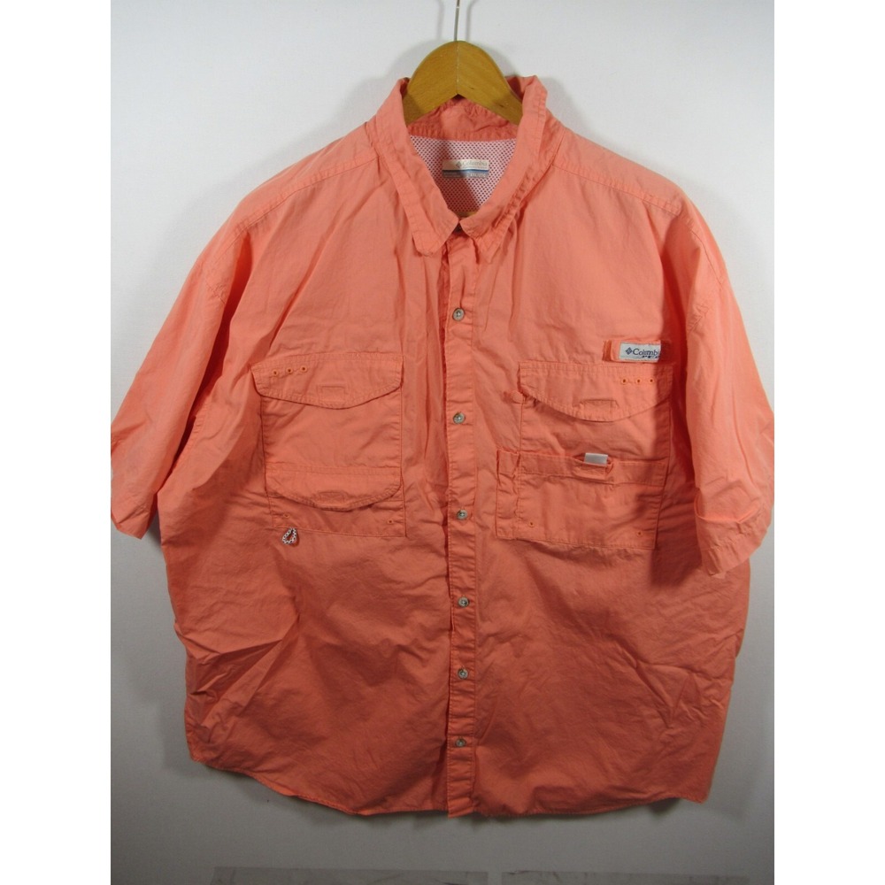 Columbia PFG Vented Shirt Men 2XL Orange Mesh Lined Short Sleeve Fishing